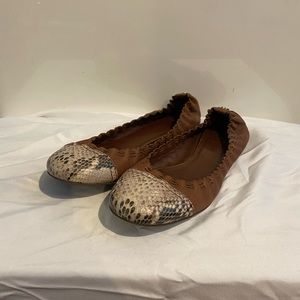 Tory Burch brown ballet flat with snake skin toe.